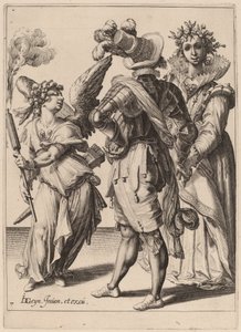 Cupidon aux yeux bandés tenant une torche devant un couple - Zacharias Dolendo after Jacques de Gheyn II