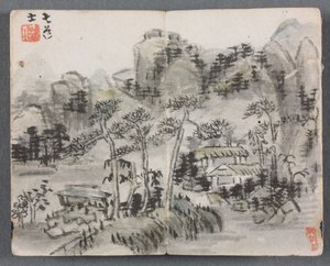 Album miniature avec figures et paysage (Paysage avec deux bâtiments) - Zeng Yandong