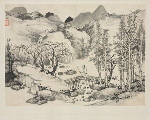 Album de paysages dans divers styles : Paysage avec artiste sur un pont, 1684 - Zha Shibiao