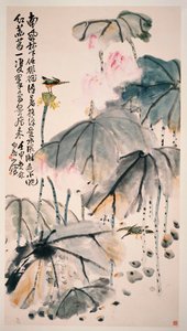 Lotus et oiseaux verts - Zhen Wang
