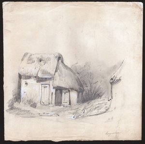 Un cottage au toit de chaume au centre de la France. vers 1830 (illustration) - . .