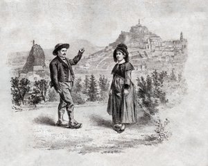 Auvergnats dansant la bourrée au Puy-en-Velay, France. vers 1900 (gravure) - . .