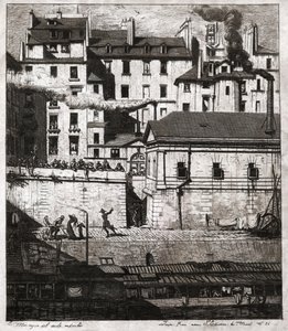 Scène de crime avec intervention de la police sur les quais de Paris. vers 1860 - . .