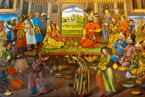 Fresque ; banquet avec danseuses ; Shah Tahmasp reçoit l