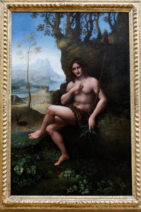 Musée du Louvre, Paris, France. Atelier de Léonard de Vinci, attribué à Francesco Melzi, Saint Jean-Baptiste, huile sur panneau transférée sur toile, vers 1510-1520.