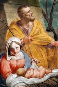 Scène de la Nativité. Sainte famille. Basilique Santa Maria delle Vigne. Gênes. Italie. - . .