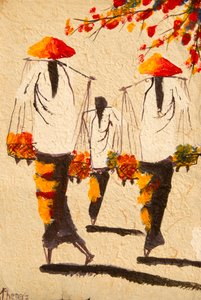 Peinture ; femmes asiatiques avec chapeaux de riz ; Vientiane ; Laos ; Asie du Sud-Est ; Asie