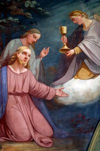 Église de Rumilly. Peinture murale. Jésus priant dans le jardin de Gethsémani après la Dernière Cène. France.