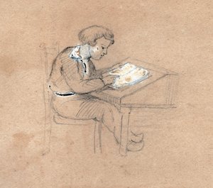 Écolier travaillant à son bureau (illustration) - . .