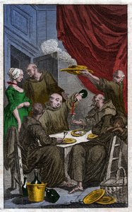 Le festin des moines violant les règles monastiques. Ils boivent du vin, courtisent les servantes. XVIIIe siècle (gravure) - . .