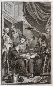 Le festin des moines violant les règles monastiques. Ils boivent du vin, courtisent les servantes. XVIIIe siècle (gravure) - . .