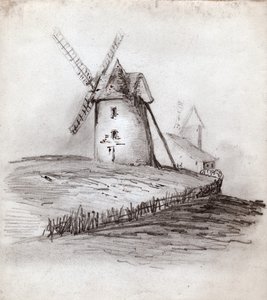 Moulin à vent en Normandie, France. vers 1830 (illustration) - . .