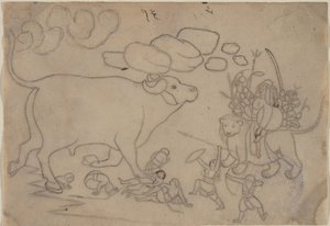 Durga confronte le démon-buffle Mahisha : Scène du Devi Mahatmya - a first generation master after Nainsukh