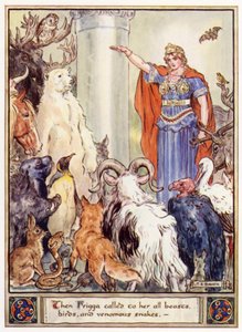 Alors Frigga appela toutes les bêtes, oiseaux et serpents venimeux - after Charles Edmund Brock