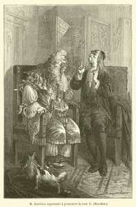 M. Jourdain apprenant à prononcer la voix U, Molière