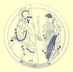 Un guerrier assis tenant sa coupe de vin, illustration des Peintures de vases grecs par J. E. Harrison et D. S. MacColl, publié en 1894 - after English School