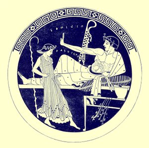 Danseuse et jeune homme festoyant, illustration de Peintures de vases grecs par J. E. Harrison et D. S. MacColl, publié en 1894 - after English School