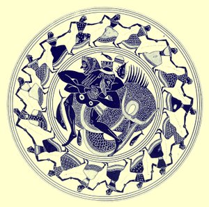 Héraclès luttant avec Triton, illustration des Peintures de vases grecs par J. E. Harrison et D. S. MacColl, publié en 1894 - after English School