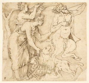 Un satyre, deux femmes, un lion et une chèvre - after Giulio Romano