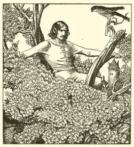 Sir Launcelot grimpe pour attraper le faucon de la dame - after Howard Pyle