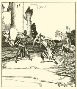 Sir Launcelot combat Sir Turquine - after Howard Pyle