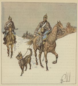 Cavaliers prussiens en reconnaissance, précédés de chiens tenus en laisse - after Louis Charles Bombled