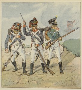 Jeune garde, 1806, Conscrit-grenadier, Tirailleur-grenadier, Flanqueur-chasseur - after Louis Charles Bombled