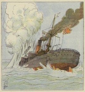 Le Kinschim-Maru coulé par une mine - after Louis Charles Bombled