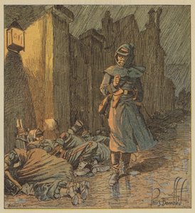 Le colonel de Bourgoing parcourt les rues de Cerdon où dorment ses soldats sous la pluie - after Louis Charles Bombled