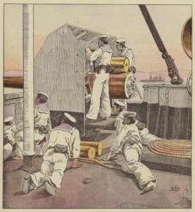 Marins japonais canonnant la flotte chinoise au Yalou - after Louis Charles Bombled