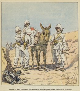 Soldats du train ramassant sur la route les soldats épuisés du 40e bataillon de chasseurs - after Louis Charles Bombled