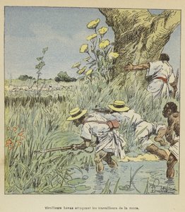 Tirailleurs hovas attaquant les travailleurs de la route - after Louis Charles Bombled