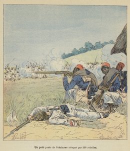 Un petit poste de Sakalaves attaqué par 500 rebelles - after Louis Charles Bombled