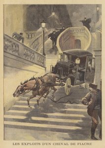 Un cheval tirant un cabriolet descendant un escalier à Paris