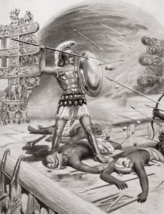 Alexandre le Grand combattant les Assacani à la ville fortifiée de Massaga, Inde, pendant sa campagne indienne en 326 av. J.-C., de l