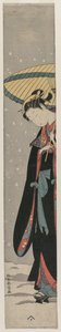 Jeune femme marchant dans la neige avec un parapluie - after Suzuki Harunobu