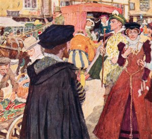 Shakespeare observe les modes et les manières ridicules des fats sur Ludgate Hill, Londres - after William Hatherell