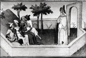 Comment le vieil homme de la montagne a reçu les disciples dans le jardin, du Livre des Merveilles du Monde, c.1410-12 - and workshop Boucicaut Master