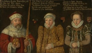 German : Portrait du prince électeur Frédéric III du Palatinat (1515-1576) avec ses épouses Marie de Brandebourg-Kulmbach et Amalia de Neuenar