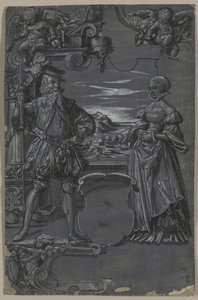 Conception pour peinture sur verre : Homme et femme dans un cadre architectural - attributed to Tobias Stimmer