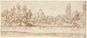 Paysage fluvial avec vue de la basilique Saint-Pierre - circle of Giovanni Francesco Grimaldi