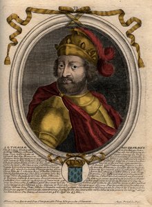 Portrait de Lothaire (941-986), roi des Francs - Lothaire (941-986) roi de France - Gravure de « Les Augustes Représentations de tous les rois de France de Pharamond à Louis XIV », Paris - de Larmessin