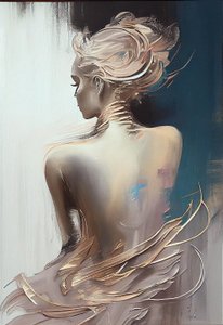 Une femme vêtue assise vue de dos, Peinture silhouette