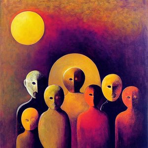 Foule abstraite avec des visages expressifs, art surréaliste figuratif
