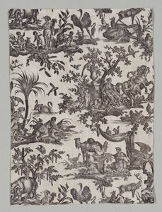 Fragment de coton imprimé sur cuivre avec le motif "Les quatre parties du monde"