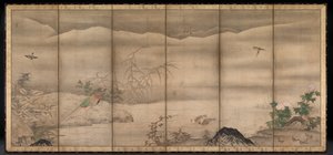 Oiseaux et fleurs dans un paysage des quatre saisons