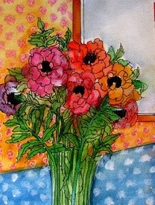 Fleurs dans un vase, 2014 (aquarelle, encre) - linda arthurs