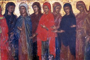Femmes pieuses, panneau de bois dans l
