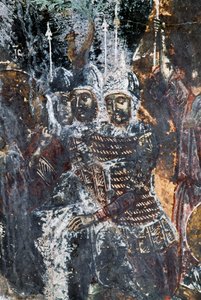 Soldat, fresque endommagée au plafond de l