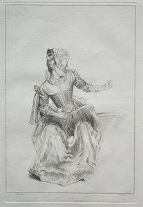 Femme tenant un éventail - possibly by Benoit II Audran